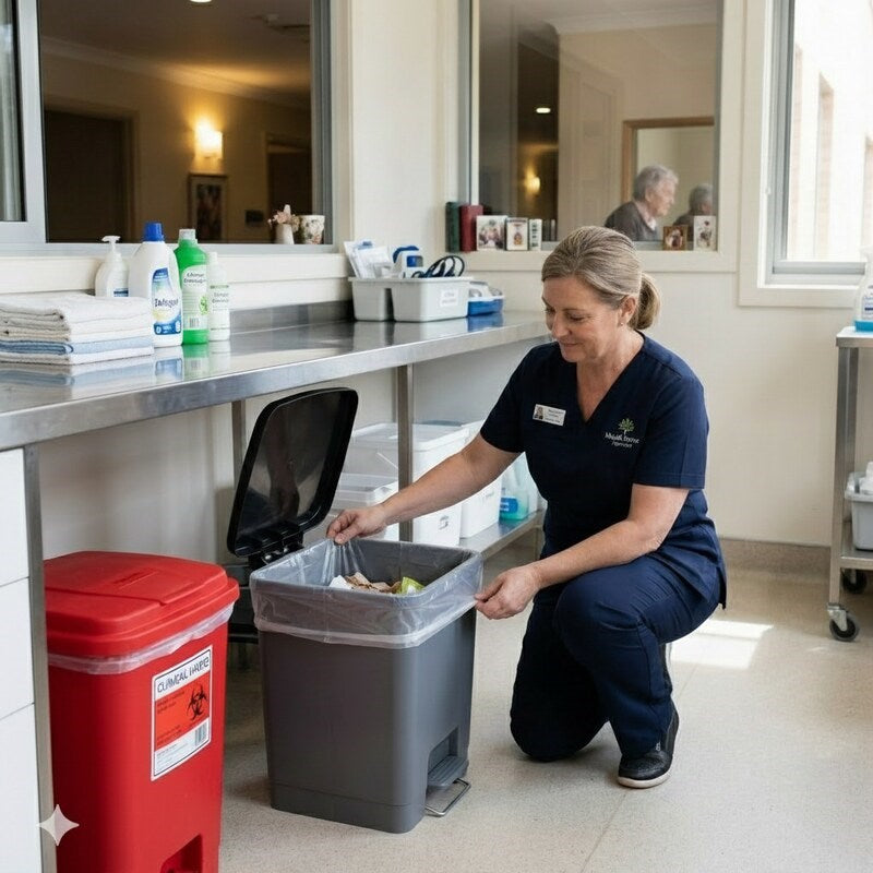Healthcare worker disposing waste in Zeropac LDPE Bin Liner in clinic