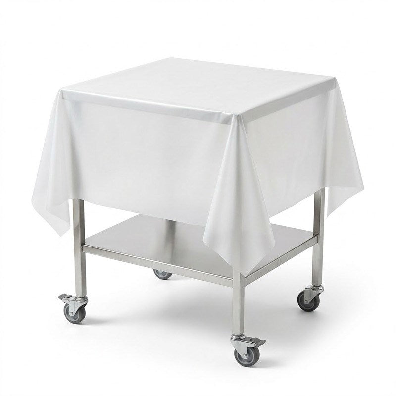 Zeropac white disposable surface sheet on wheeled stainless steel cart