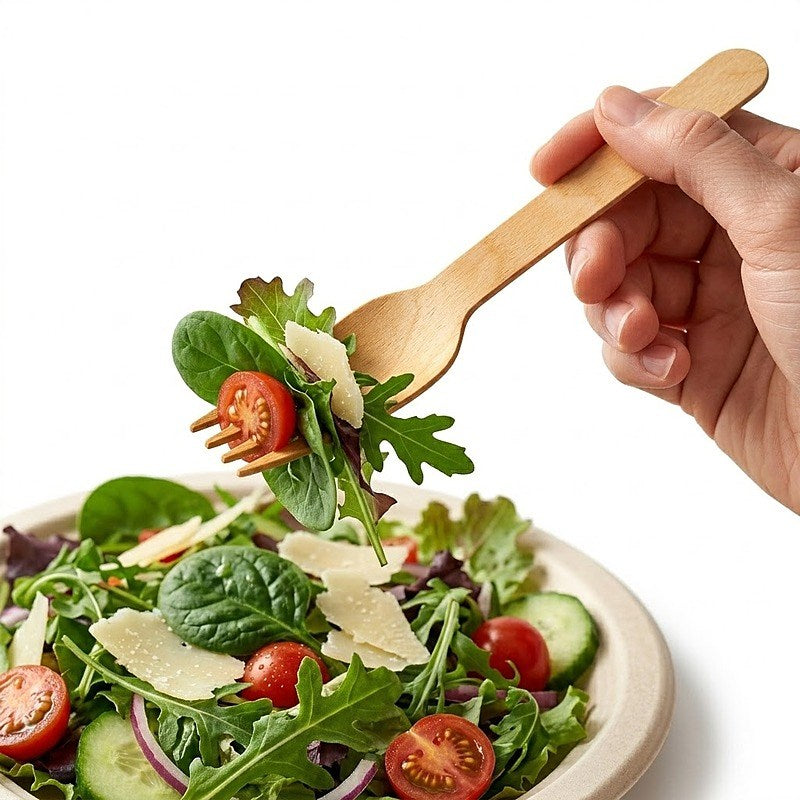 Person using Zeropac Wooden Fork 160mm to eat fresh mixed salad