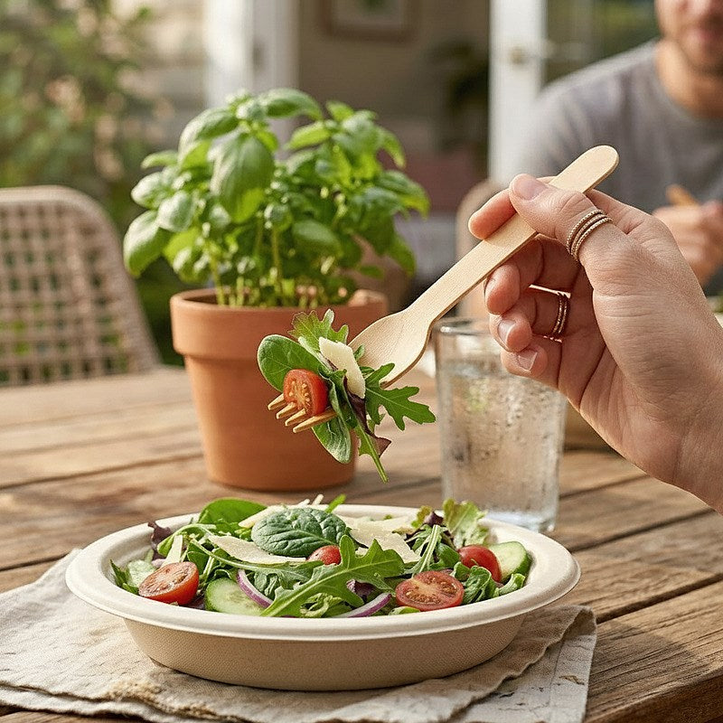Person eating fresh salad with Zeropac Wooden Fork 160mm outdoors