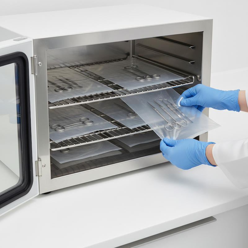 Healthcare worker in blue gloves removing water-soluble dissolvable bag from sterilizer