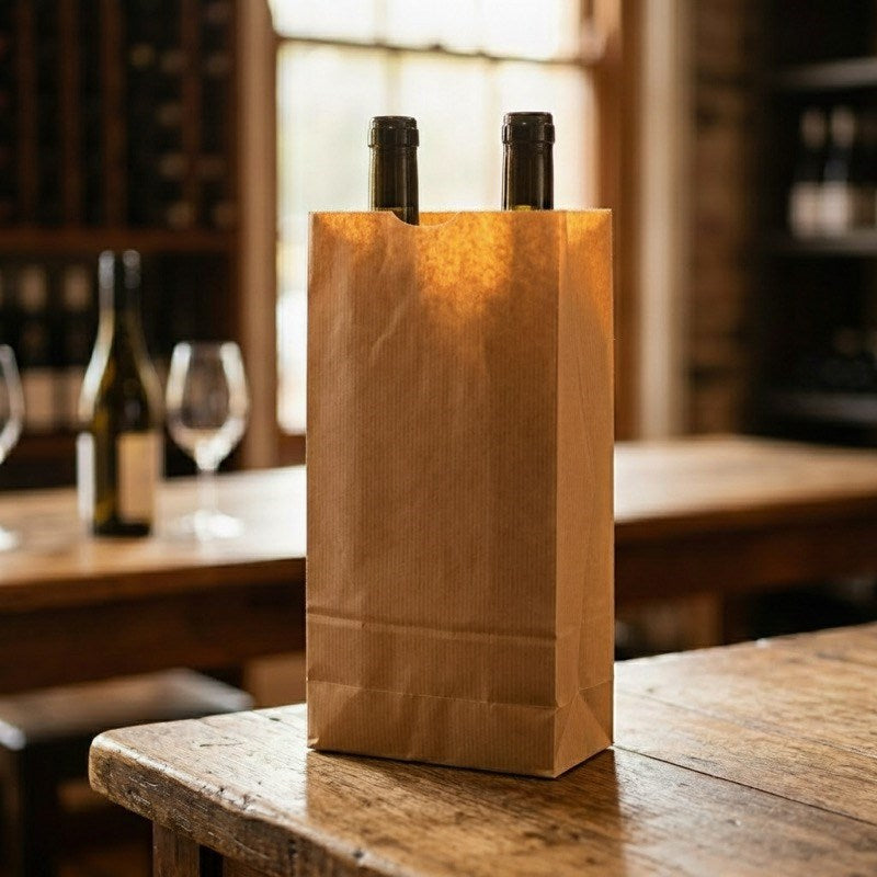 Zeropac brown paper bag with wine bottles displayed in a warmly lit bar setting