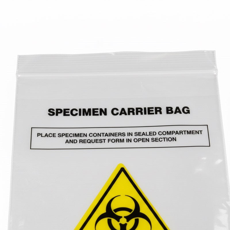 Specimen carrier bag with biohazard warning label and sealed compartment