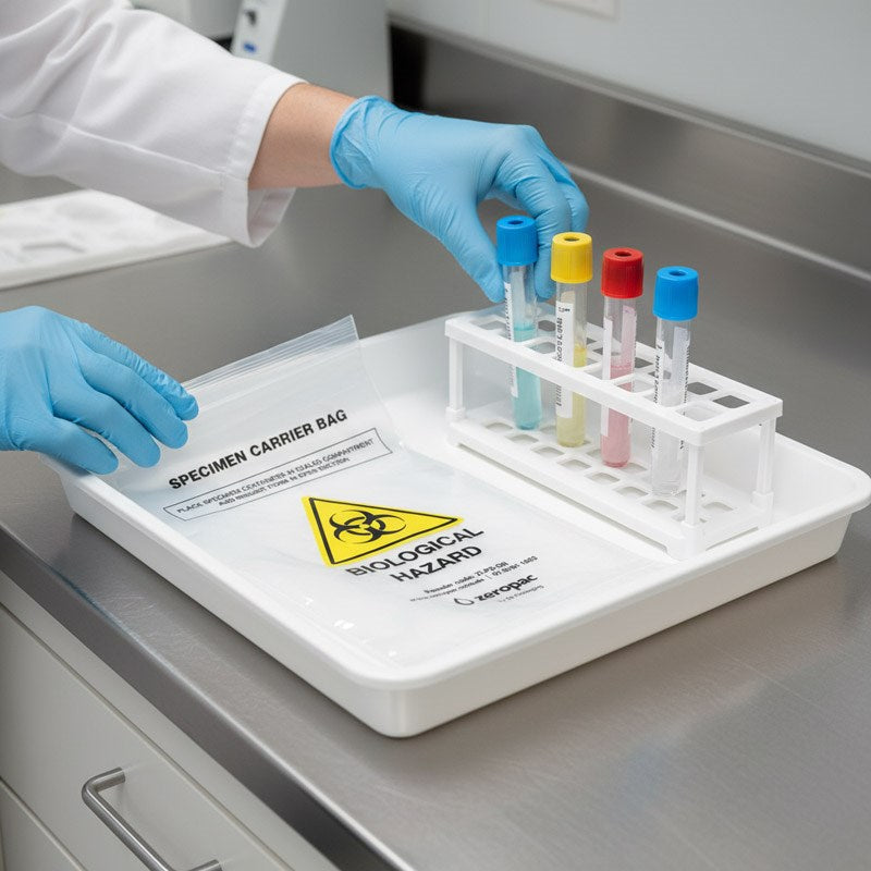 Pathologist in blue gloves handling specimen containers in carrier bag