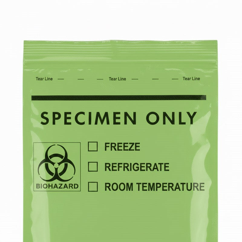 A close-up of the upper section of a green specimen bag showing the tear line, "SPECIMEN ONLY" text, and storage requirement checkboxes.