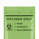 A close-up of the upper section of a green specimen bag showing the tear line, "SPECIMEN ONLY" text, and storage requirement checkboxes.