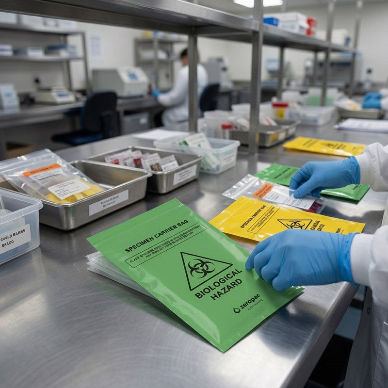 A lab worker sorts through various colored Zeropac specimen bags, including green and yellow, on a stainless steel workstation.
