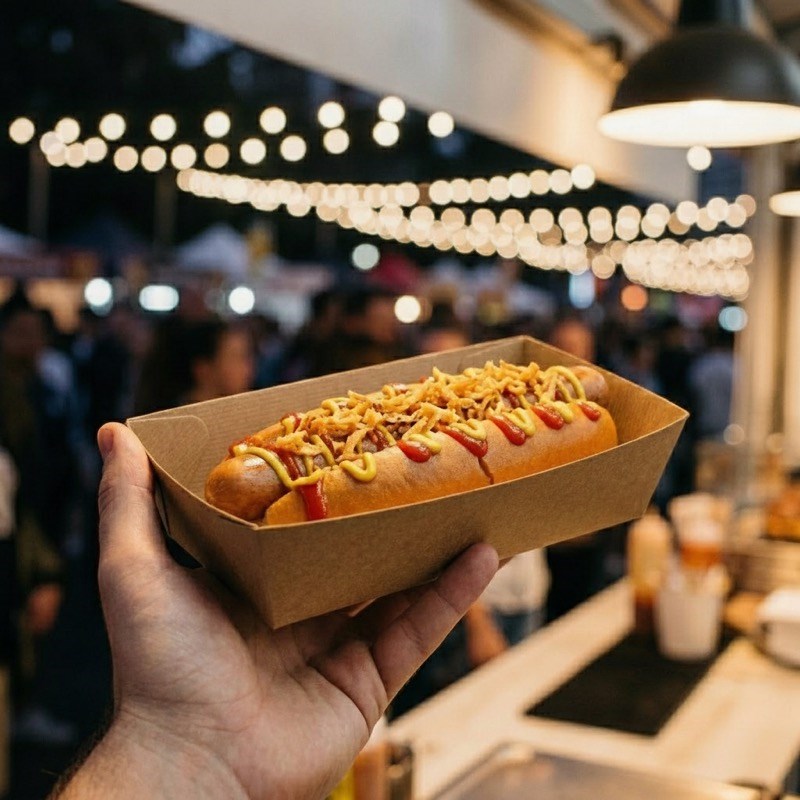 Person holding Zeropac hot dog tray at an outdoor food festival under string lights