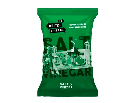 Salt and vinegar crisps package in green Zeropac metallised paper