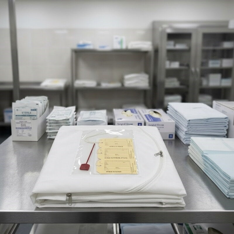 Zeropac infant mortuary body bag in mortuary preparation room with supplies