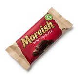 Dark chocolate bar wrapped in Zeropac kerbside-recyclable coex barrier paper with kraft flow wrap seals