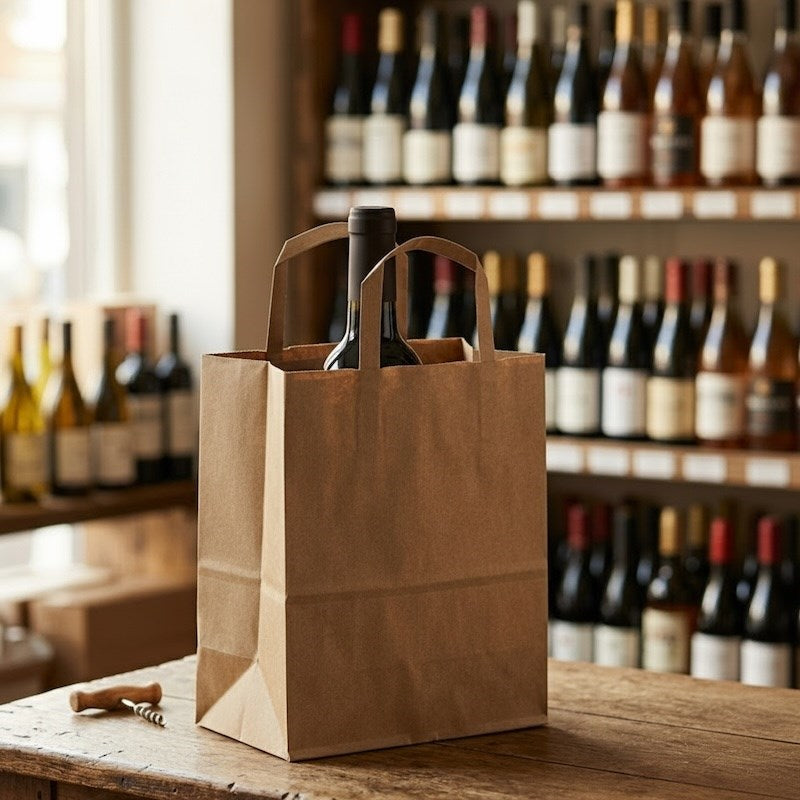 Zeropac Paper Bag Flat Handle Extra Small holding a wine bottle displayed in a wine shop