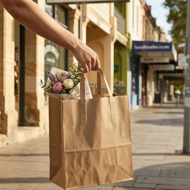 Person carrying Zeropac Paper Bag Flat Handle Medium with flowers on a city street