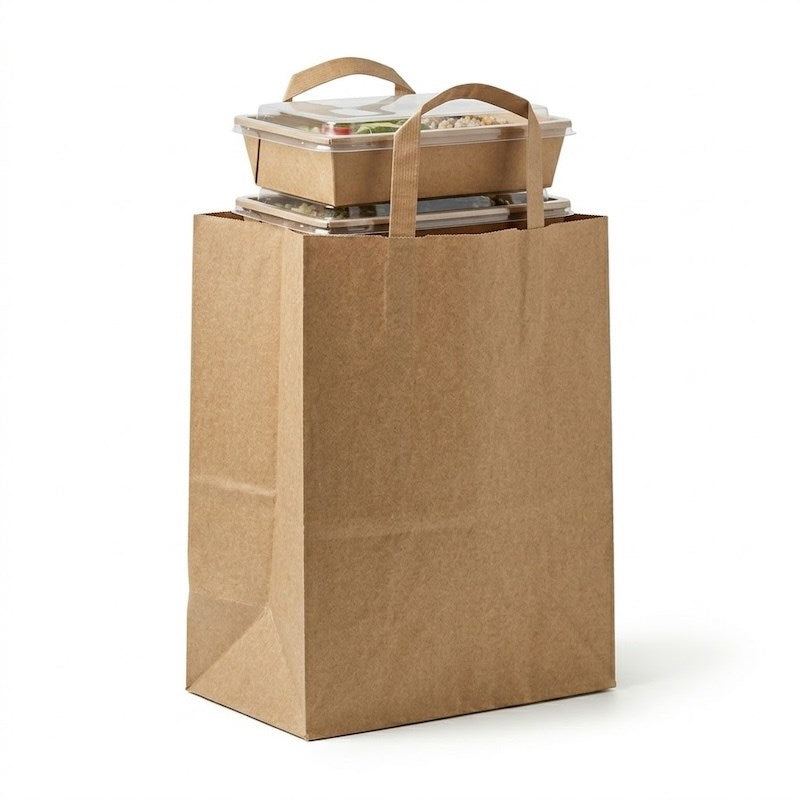 Zeropac Paper Bag Flat Handle Takeaway carrying multiple takeaway containers at a restaurant counter