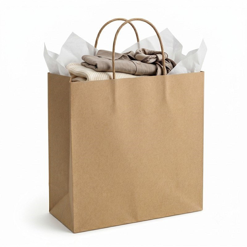 Zeropac kraft paper bag with twisted handles holding folded clothing and knitwear