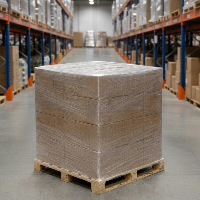 Wrapped pallet with Zeropac Machine Pallet Wrap in warehouse