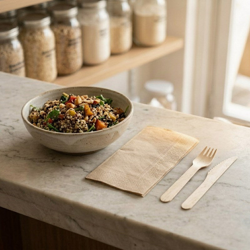 Cereal bowl with Zeropac Natural napkin and wooden utensils in bright kitchen