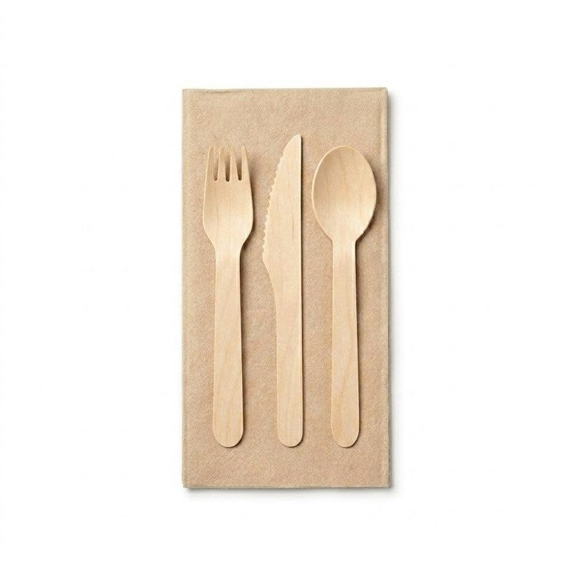 Zeropac Natural Dinner Napkin holding wooden fork, knife and spoon