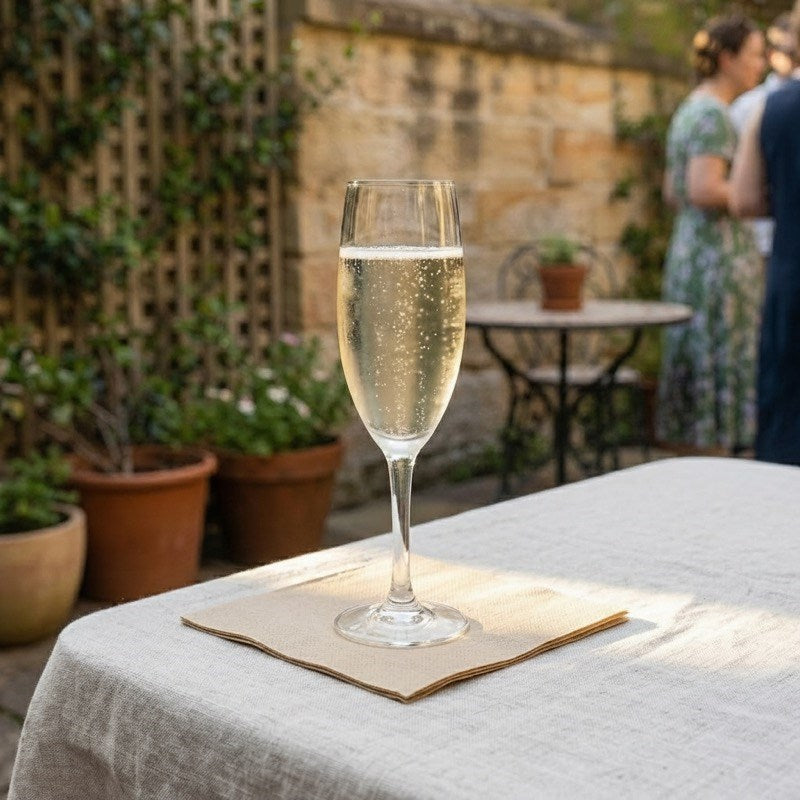 Champagne flute on Zeropac Natural napkin at garden patio table