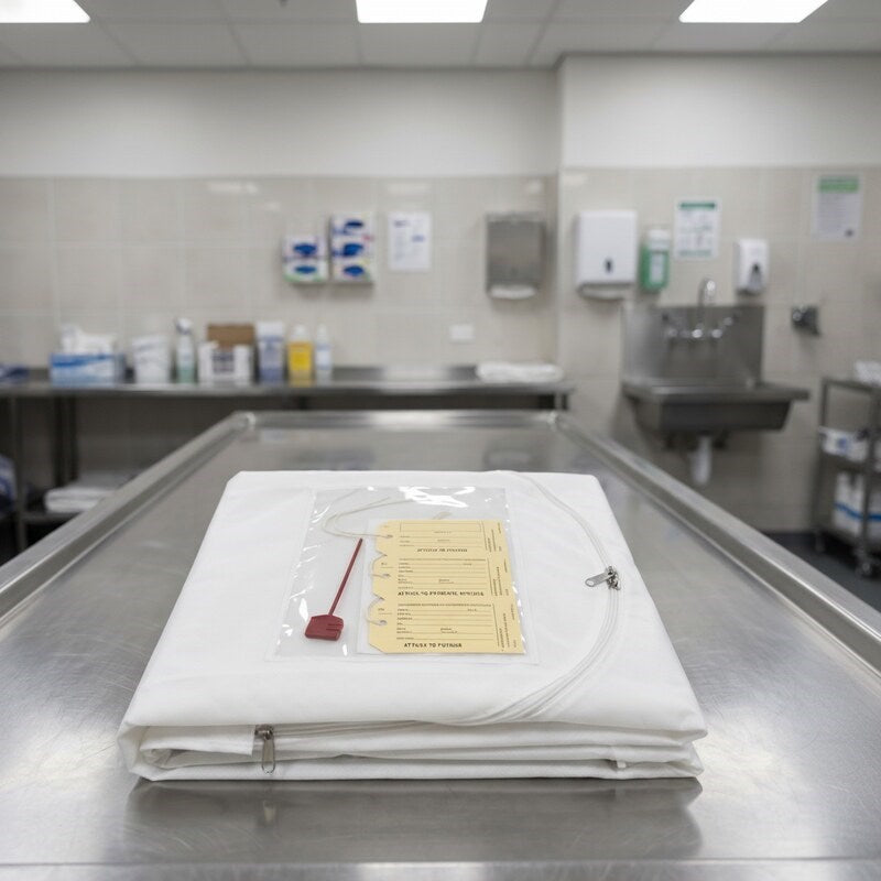 Zeropac neonatal mortuary body bag displayed in clinical mortuary environment