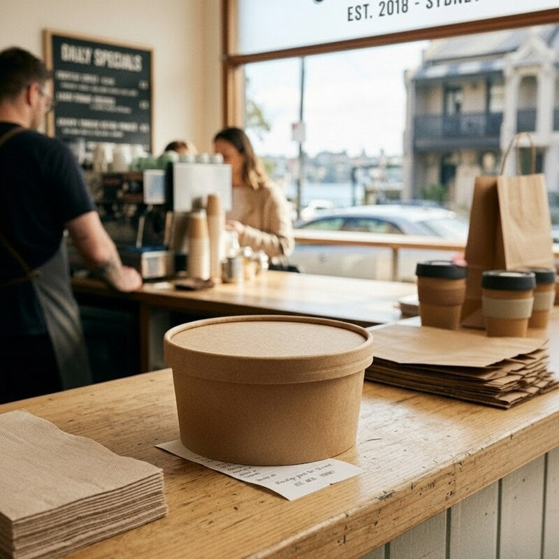 Zeropac paper-lidded bowl displayed at waterfront cafe setting