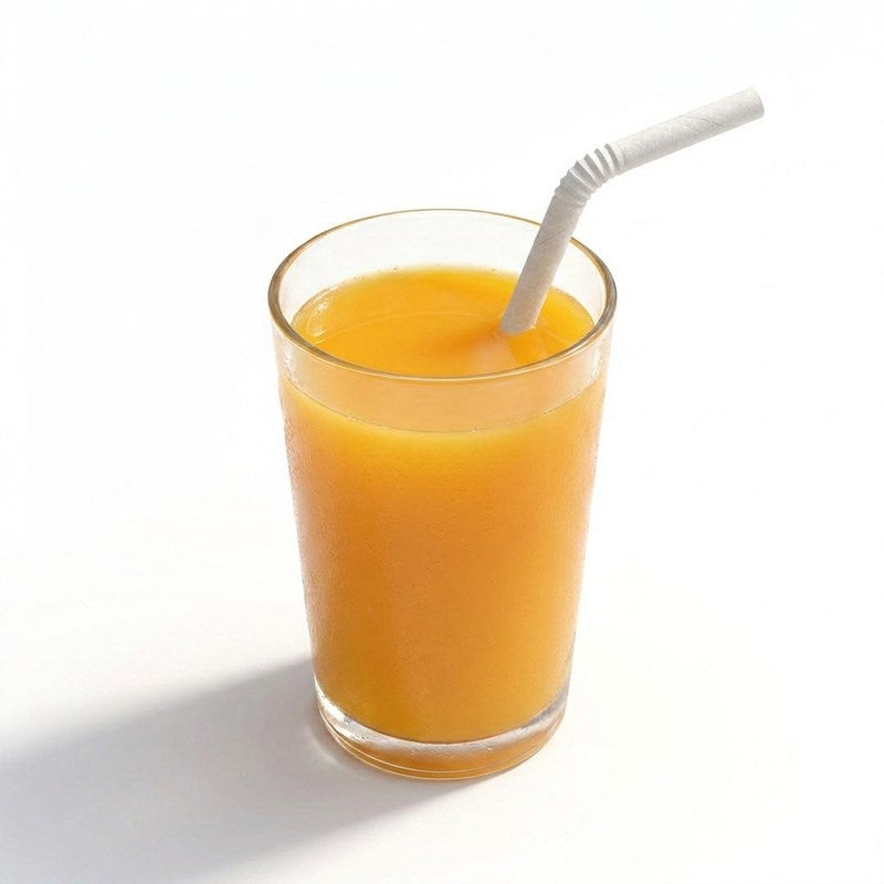 Zeropac Paper Straw Flexi White holding a fresh orange juice beverage
