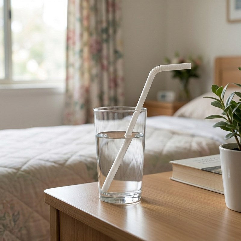Cozy bedroom scene with Zeropac Paper Straw Flexi White in a glass of water