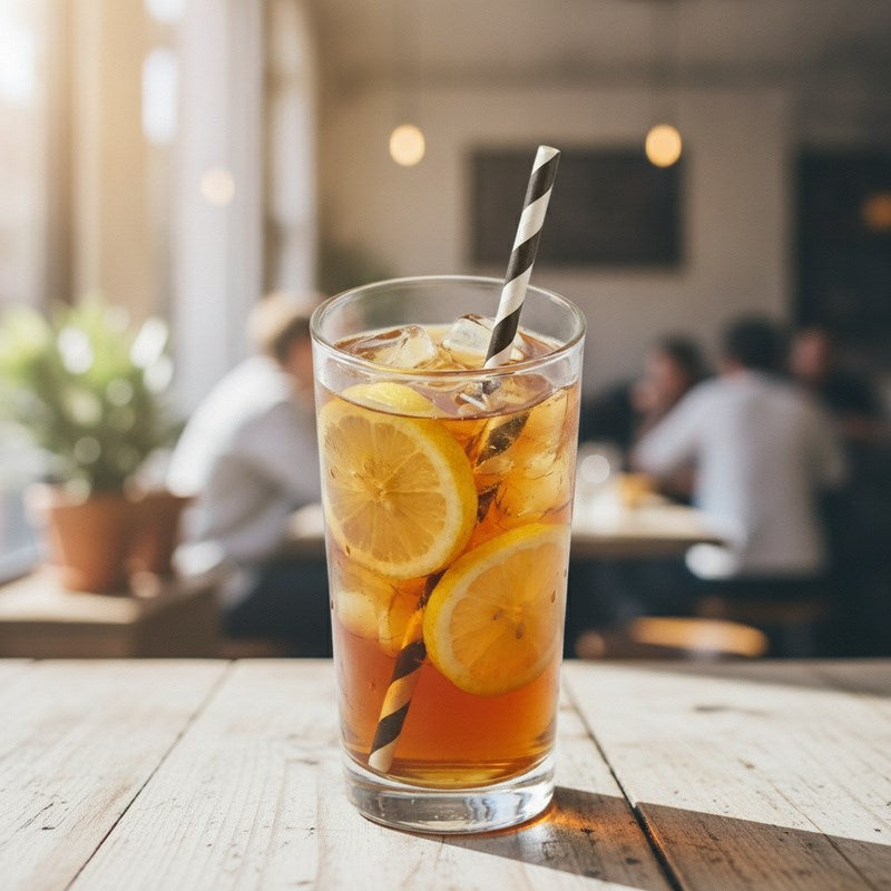 Cafe setting with Zeropac Paper Straw Regular Black Stripe in cola with lemon