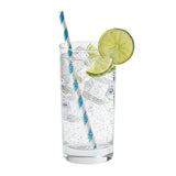 Zeropac Paper Straw Regular Blue Stripe in sparkling water with lime and ice cubes