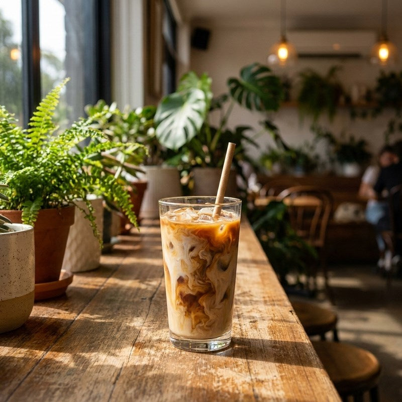 Modern cafe with Zeropac Paper Straw Regular Brown Kraft in iced coffee drink