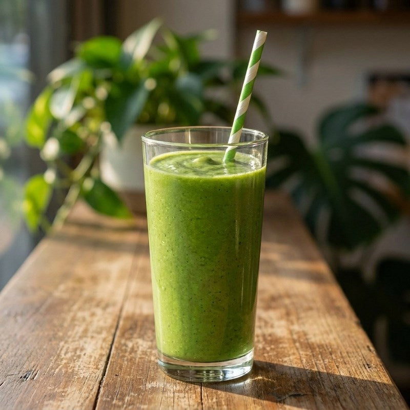 Zeropac Paper Straw Regular Green Stripe with green smoothie in plant-filled room