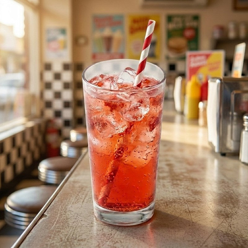 Retro diner counter with Zeropac Paper Straw Regular Red Stripe in a red beverage