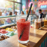 Ice cream shop with Zeropac Paper Straw Spoon All Black in a red slushy drink