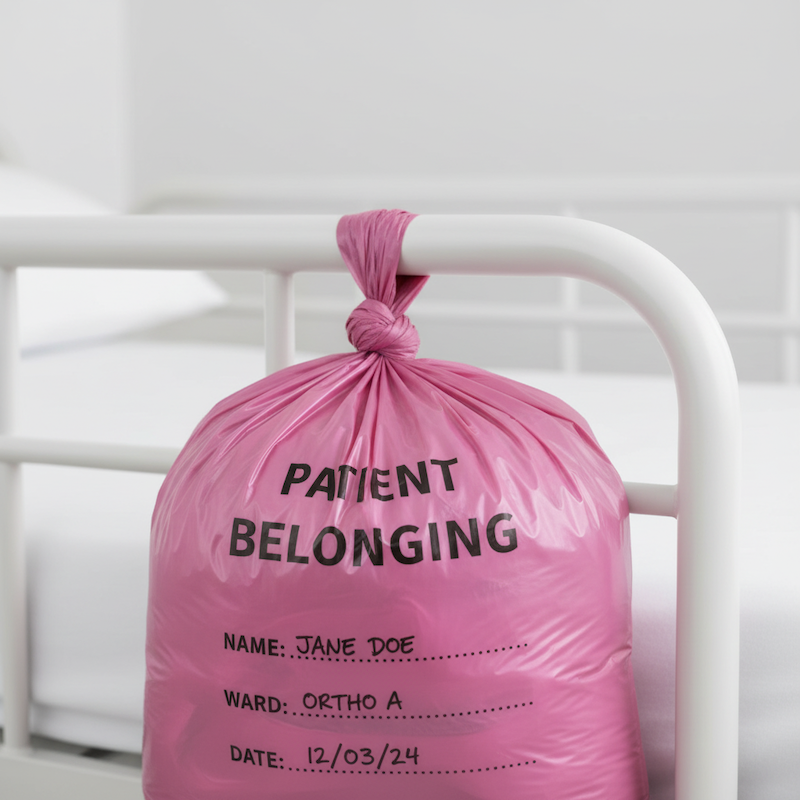 Patient belongings bag hanging on hospital bed rail with patient identification