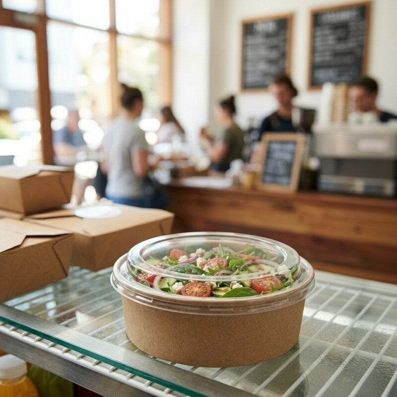 Salad in Zeropac lidded container at cafe on newspaper