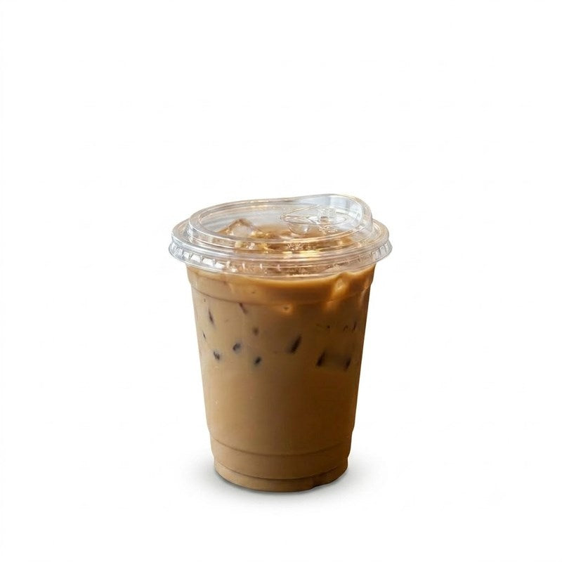 Zeropac PET Straw-Free Lid 90mm on a clear cup of cold iced coffee drink