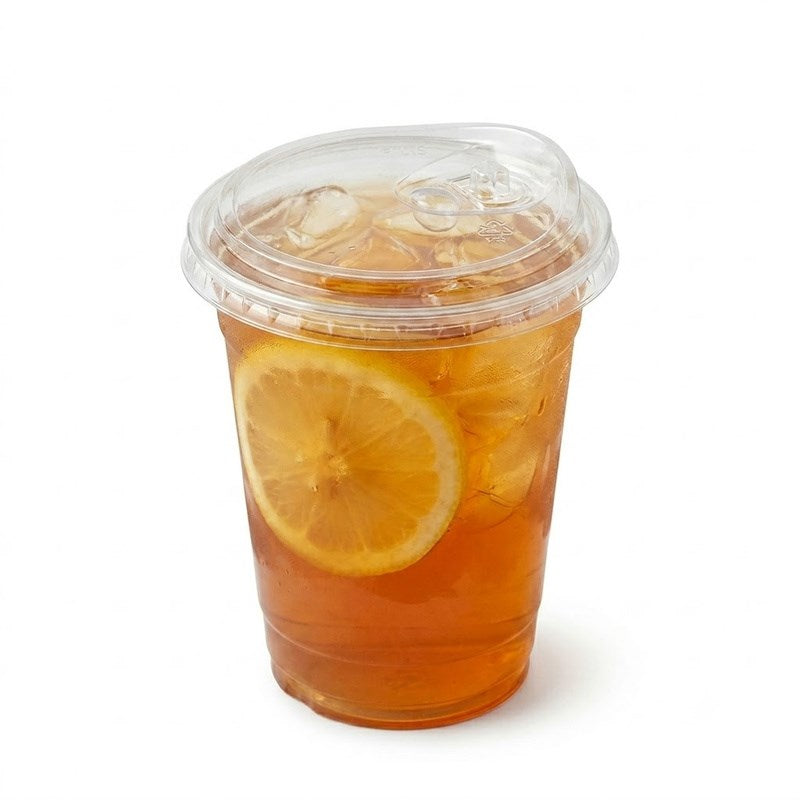 Zeropac PET straw-free dome lid holding iced tea with fresh lemon slice