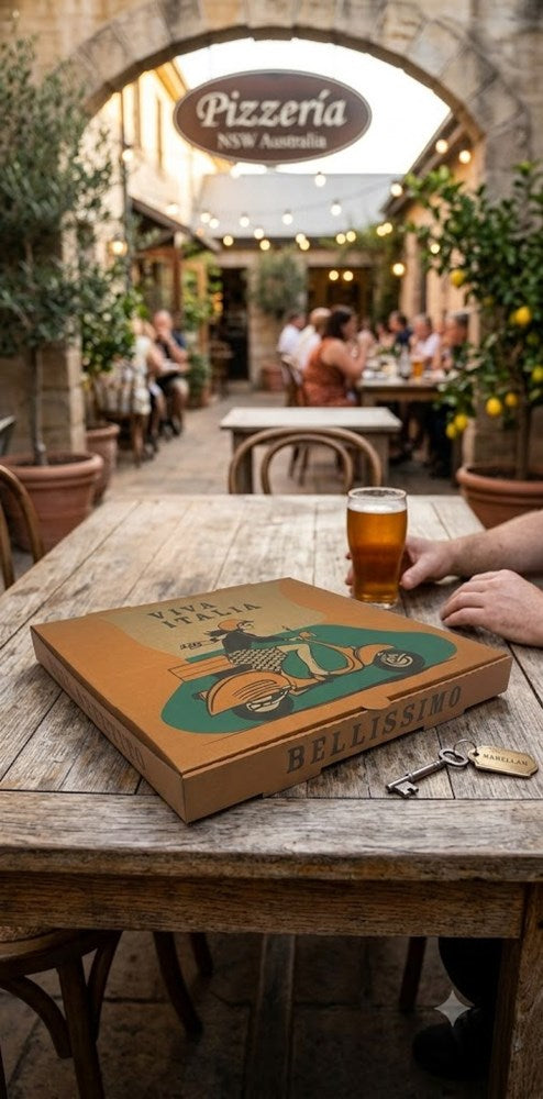 Man with Zeropac pizza box at outdoor pizzeria patio table