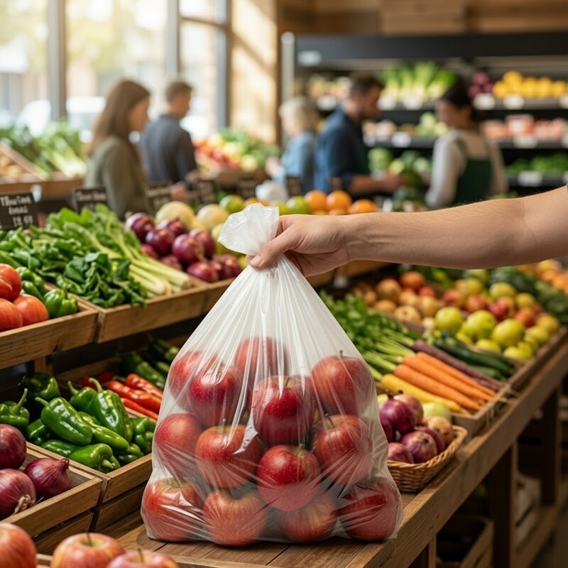 Zeropac produce bag of red apples at farmers market counter with fresh vegetables