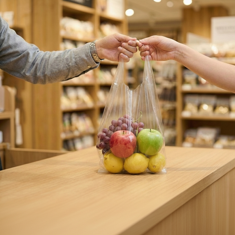 Customer using water-soluble bag to carry apples, grapes, and lemons in retail store
