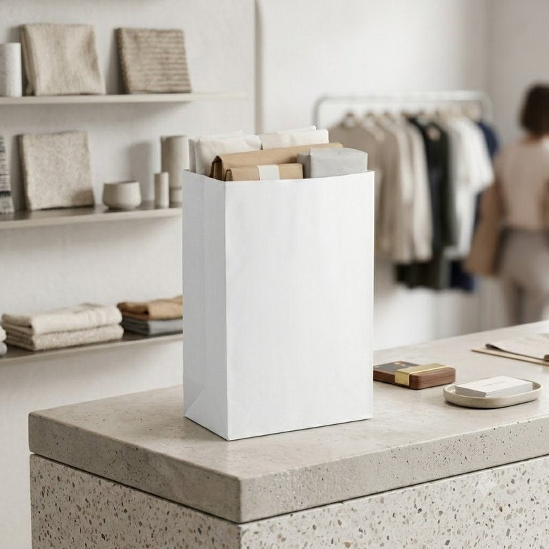 Zeropac SOS Bag white on retail display counter in contemporary interior