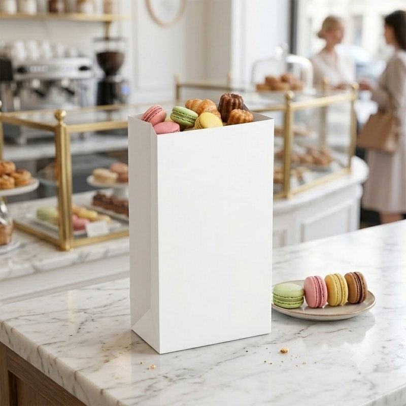 Assorted macarons in Zeropac SOS Bag No 6 White at a patisserie counter