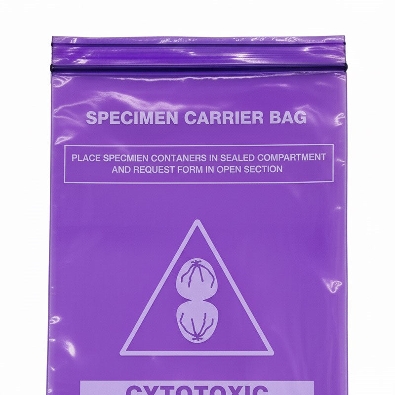 Close-up macro shot of the top of a cytotoxic pathology specimen bag.