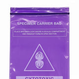 Close-up macro shot of the top of a cytotoxic pathology specimen bag.