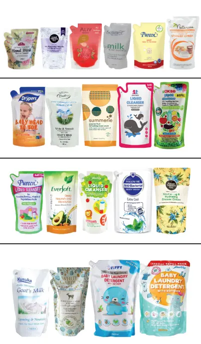 Collection of spout bags containing milk, detergents, oils, soups and personal care products