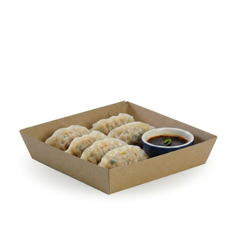 Zeropac Square Kraft Tray holding dumplings with dipping sauce