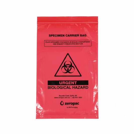 Front view of a red Zeropac urgent pathology specimen bag featuring a prominent "URGENT" label and a biological hazard symbol.