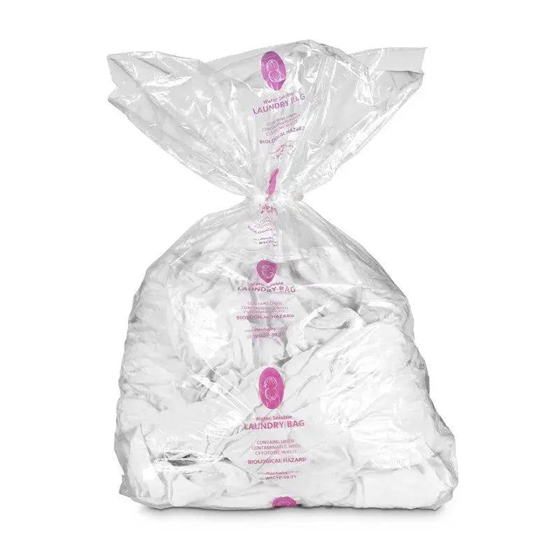 Water‑soluble cytotoxic laundry bag (PVOH), 990×710 mm, purple hazard print Zeropac