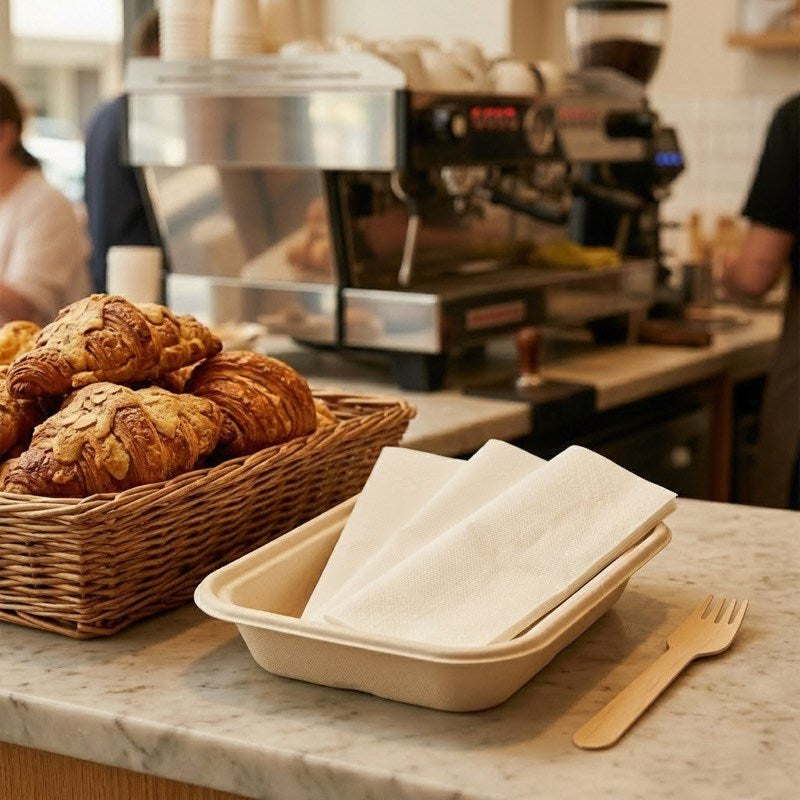 Person using Zeropac White Lunch Napkin with coffee and avocado toast