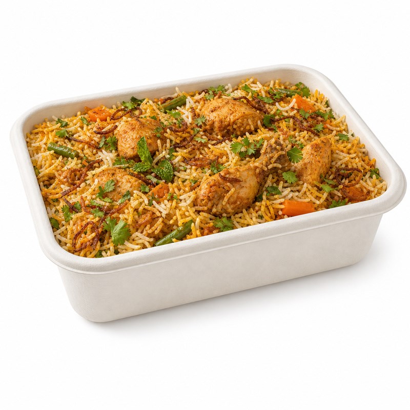 Zeropac 910ml tray holding chicken biryani with fried onions and herbs